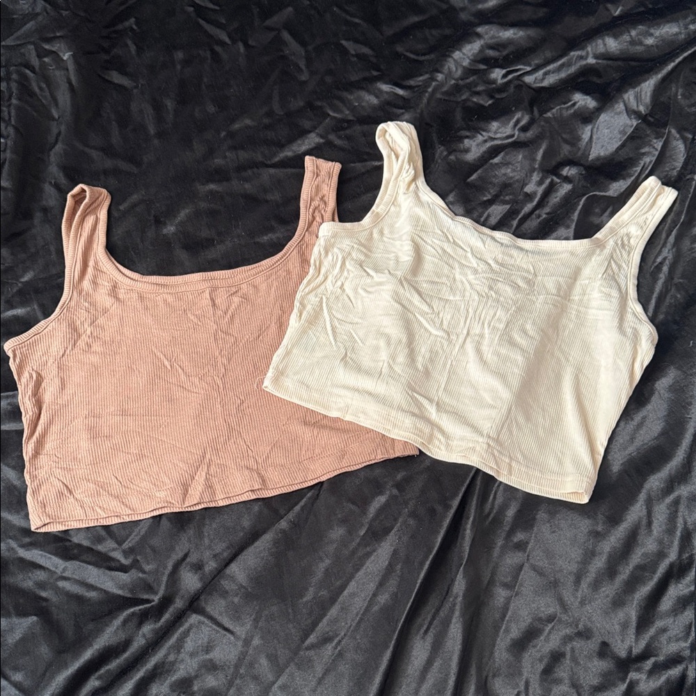 Set of Two Ribbed Crop Tops - Pink and Cream